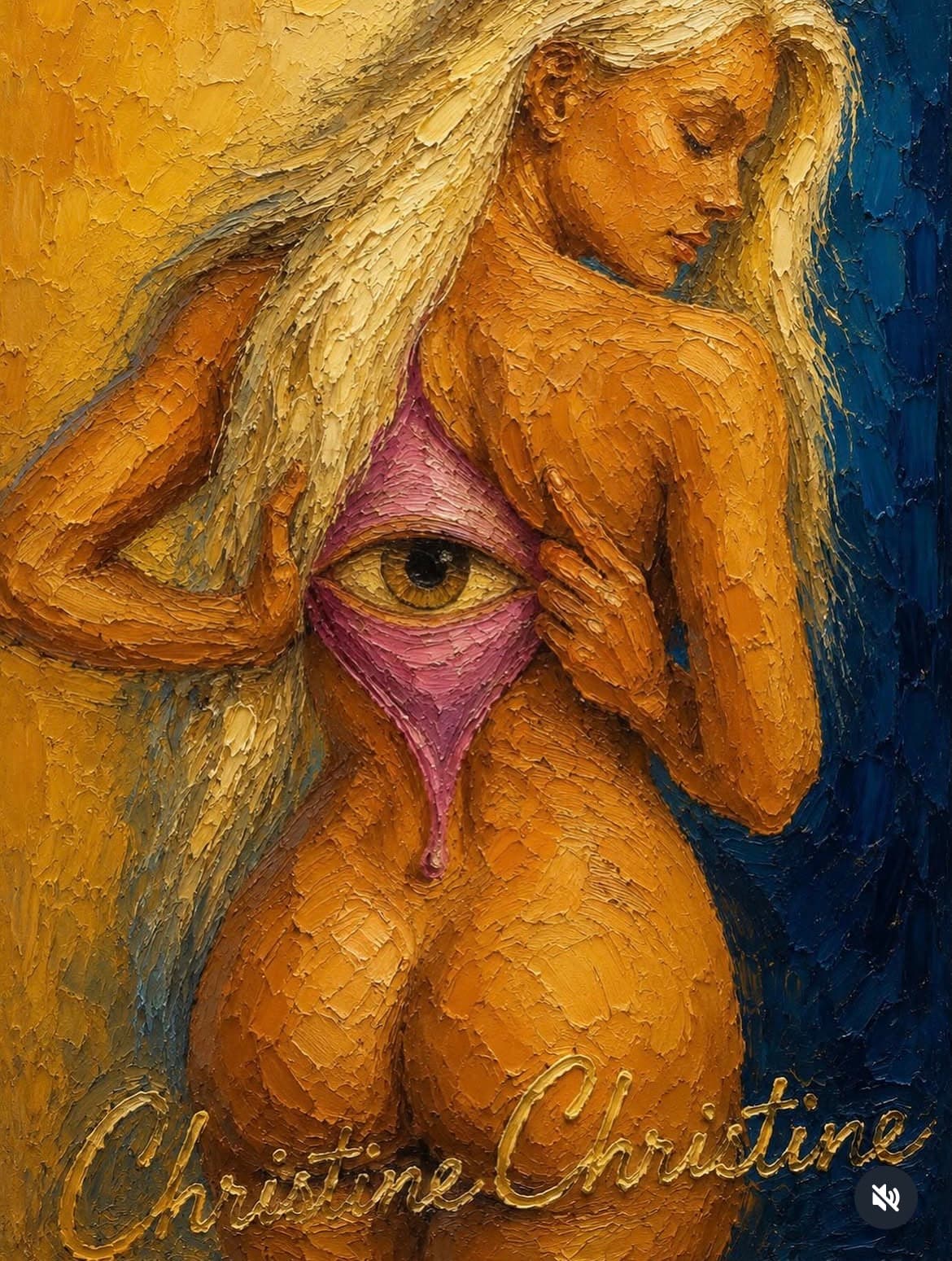 Impasto painting of a woman revealing an eye through a pink opening on her back.
