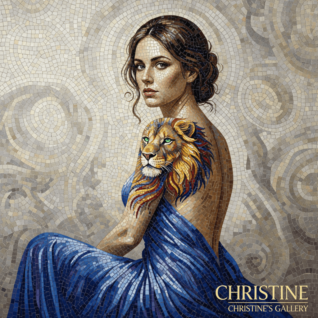 Mosaic portrait of a woman with a lion tattoo