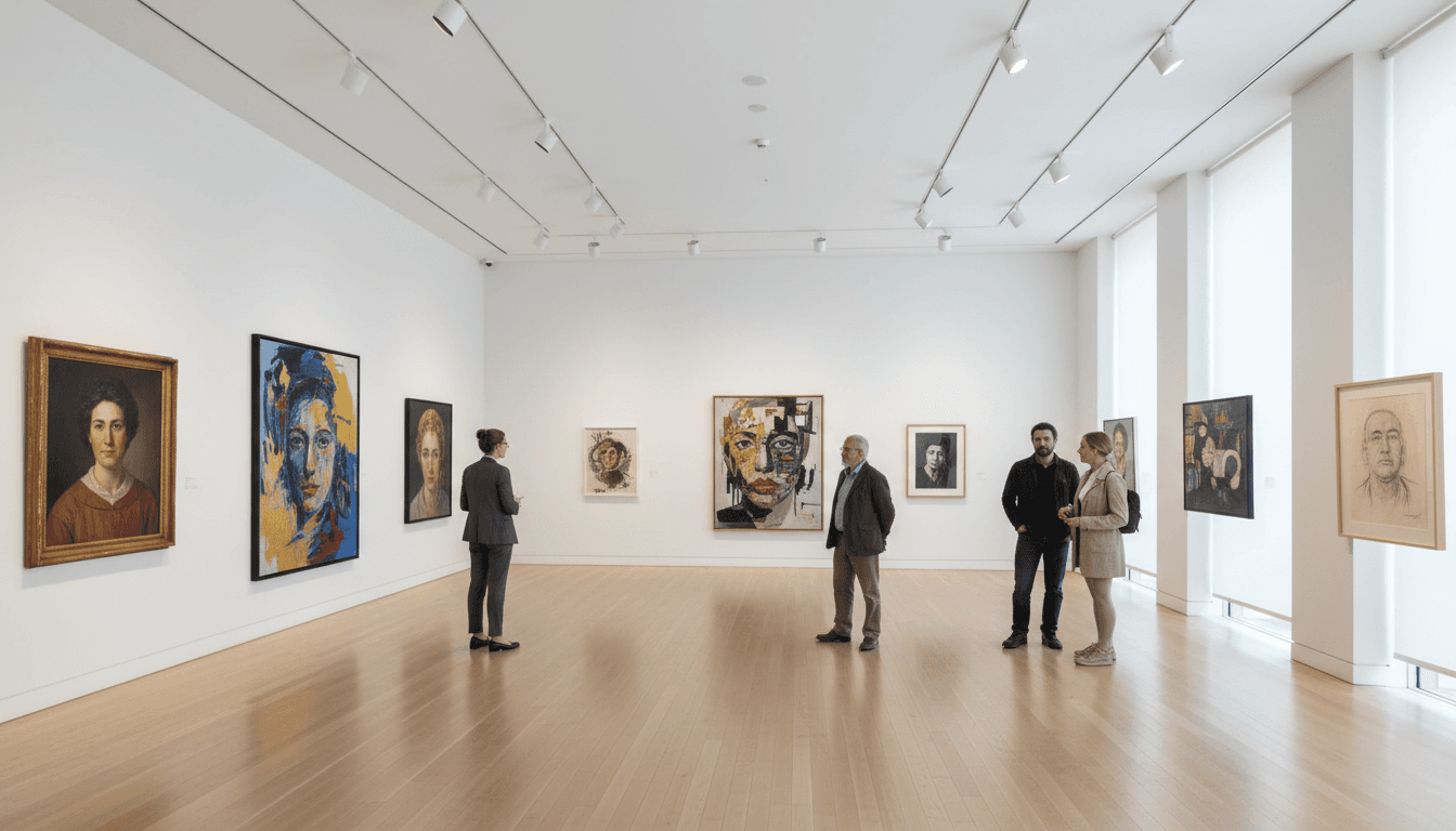 Dark luxury gallery interior with paintings displayed on the wall