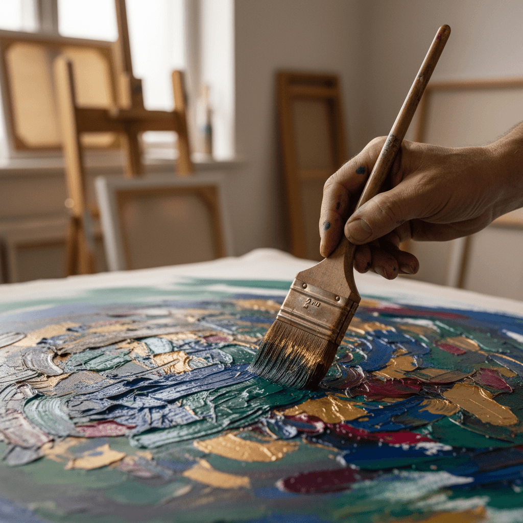 Close-up of artist signing a painting