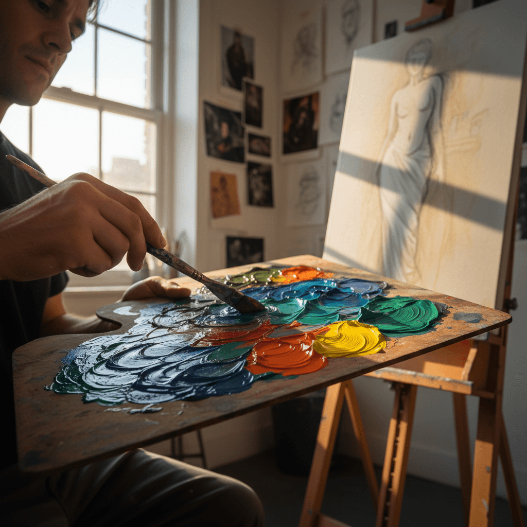 Artist standing in a dimly lit studio beside a large painting on an easel