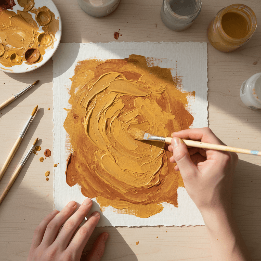 Abstract oil painting in burgundy and gold
