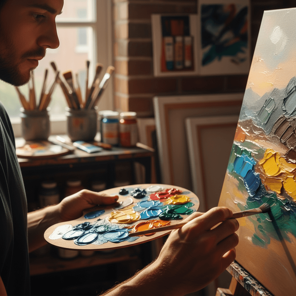 Artist hand adding detail to a canvas, creative process, warm atelier light