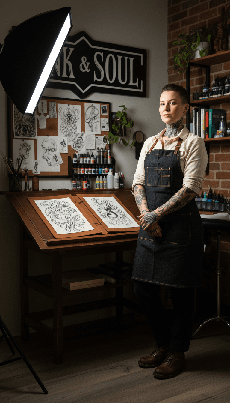 Mosaic portrait of a woman with a lion tattoo, artistic and detailed