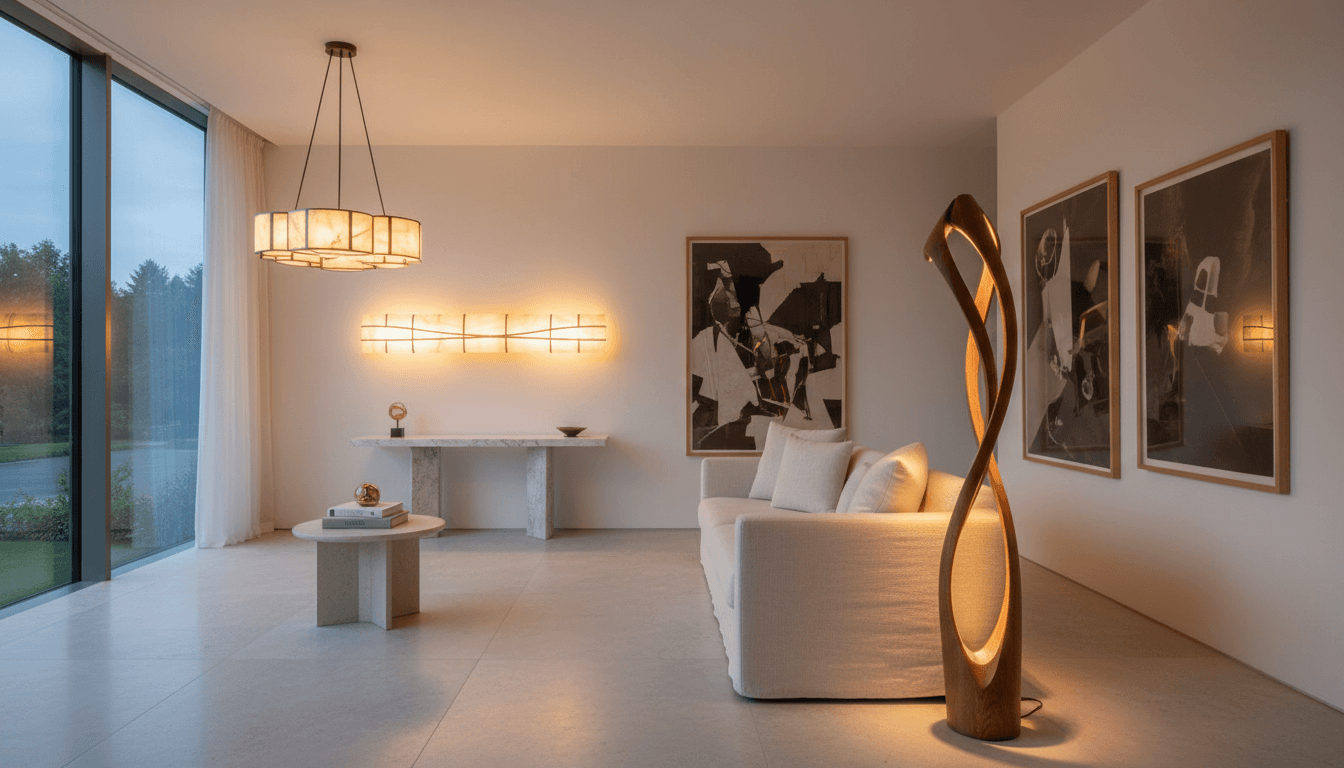 Dark luxury gallery interior with artwork displayed under warm spotlights