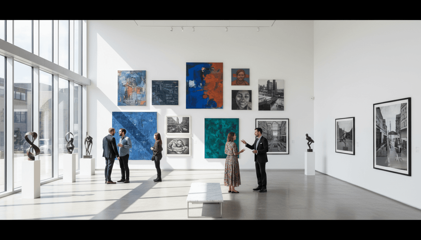 Gallery interior with large paintings displayed on dark walls under warm lighting