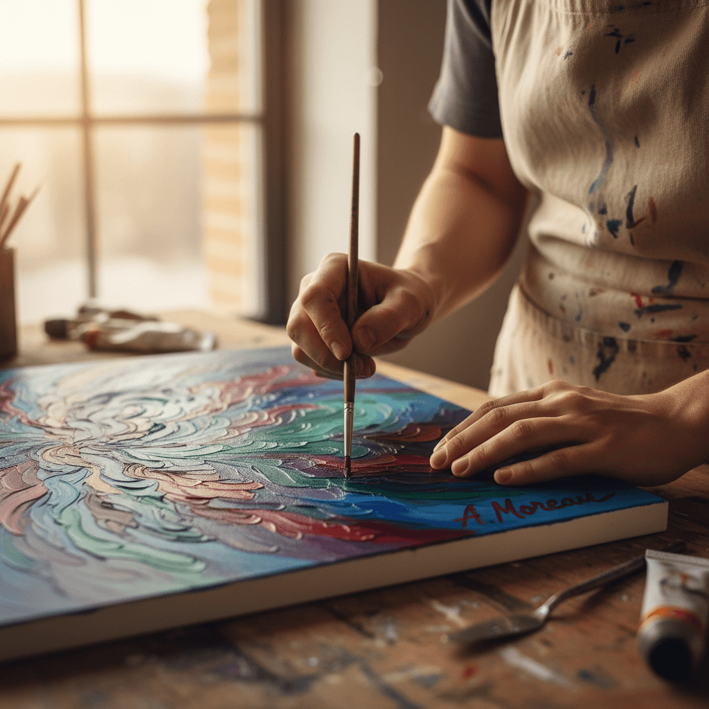 Artist signing a painting