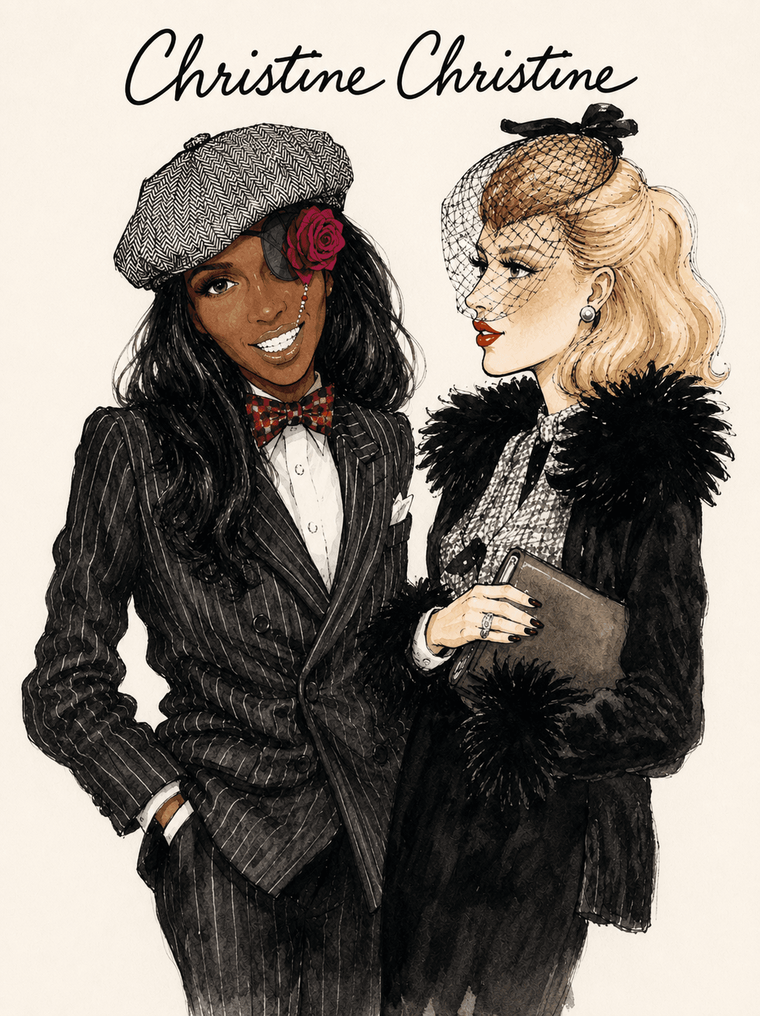 Two stylish women in vintage fashion, one in a pinstripe suit with a rose eyepatch.