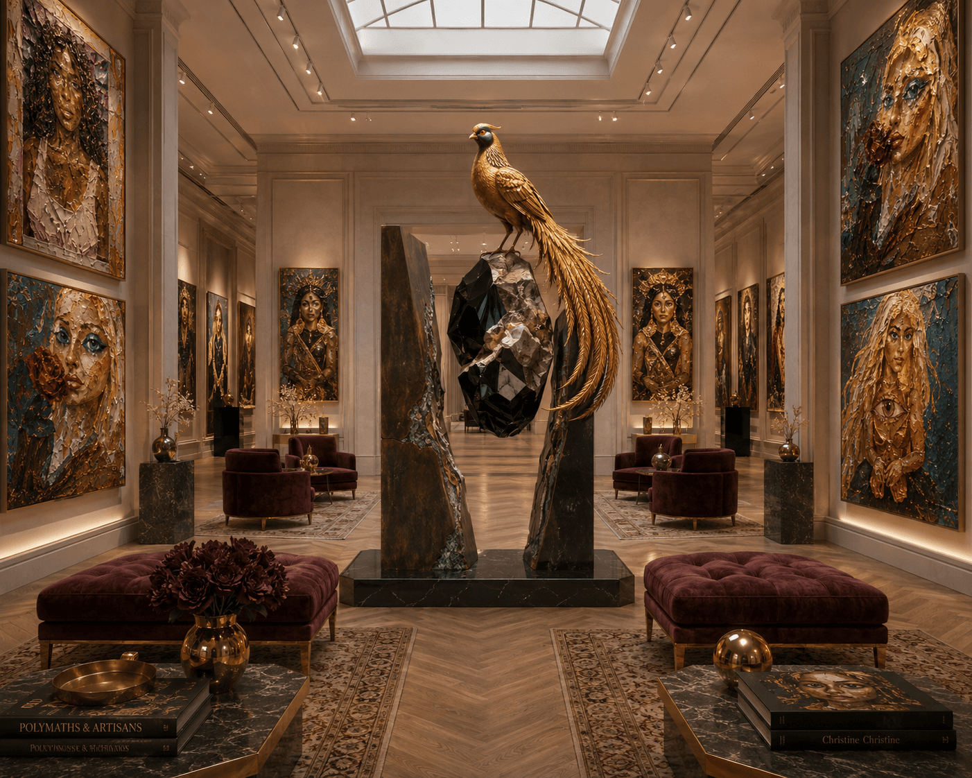 Luxurious art gallery featuring a golden pheasant sculpture, velvet seating, and large textured portraits.