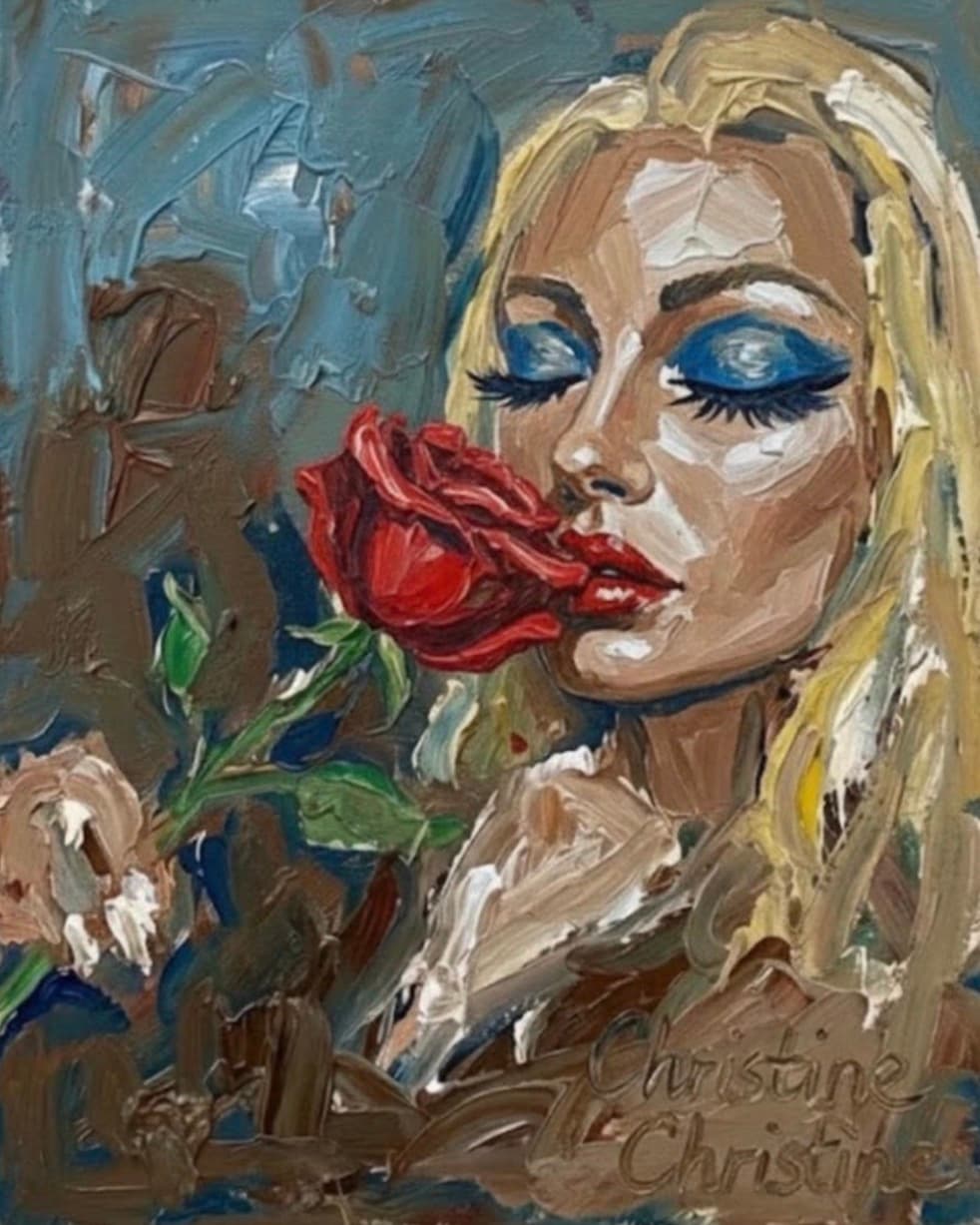Impressionistic oil painting of a blonde woman with blue eyeshadow smelling a vibrant red rose.