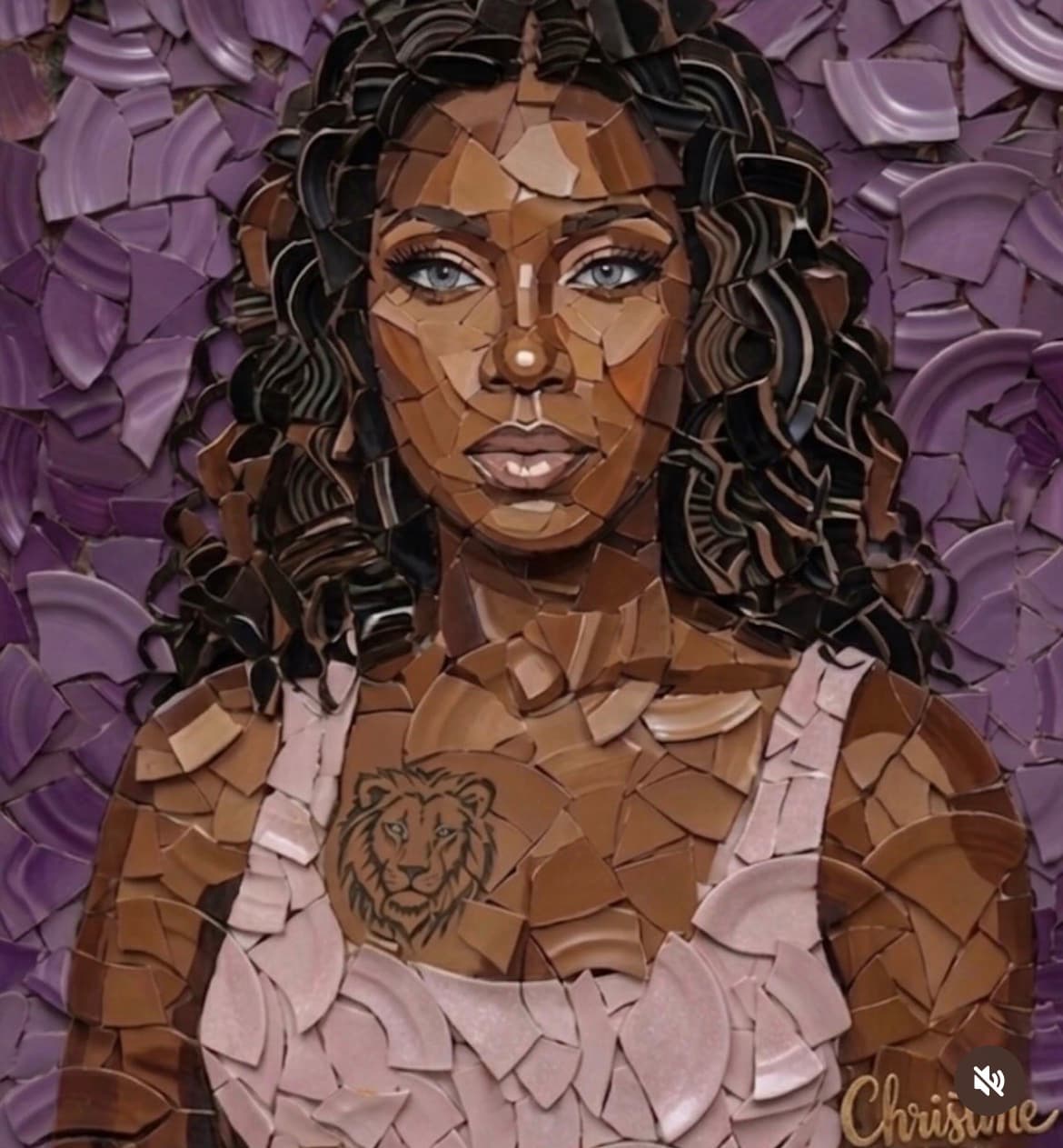 Mosaic portrait of a Black woman with a lion tattoo, crafted from broken ceramic shards.
